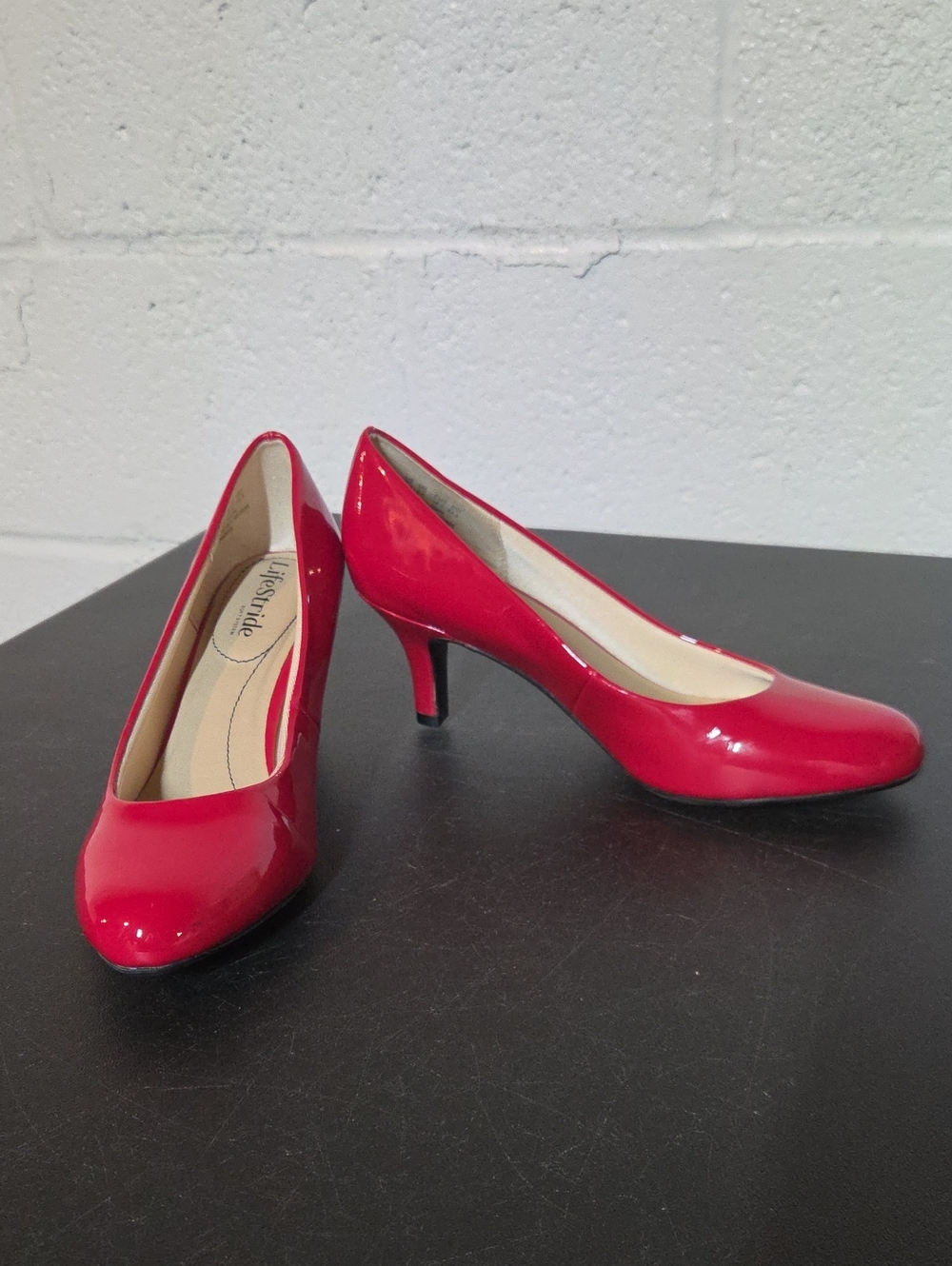 Life Stride Bright Red Patent Mid Heel Pumps